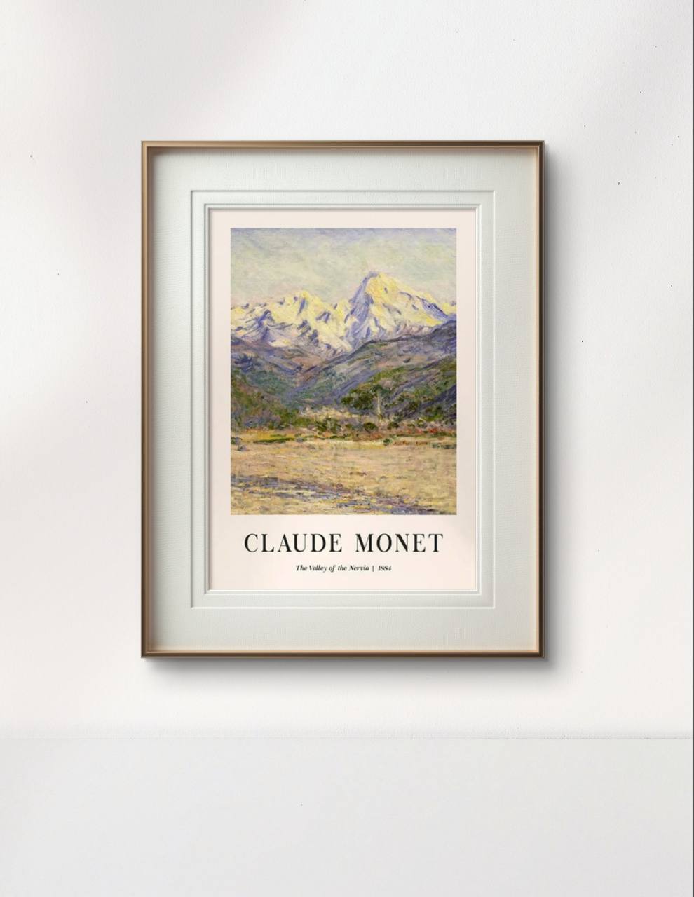 The framed painting, set in a simple wooden frame, depicts towering mountains with snowy peaks. The vibrant yet calming colors bring a serene, natural beauty to the room.
