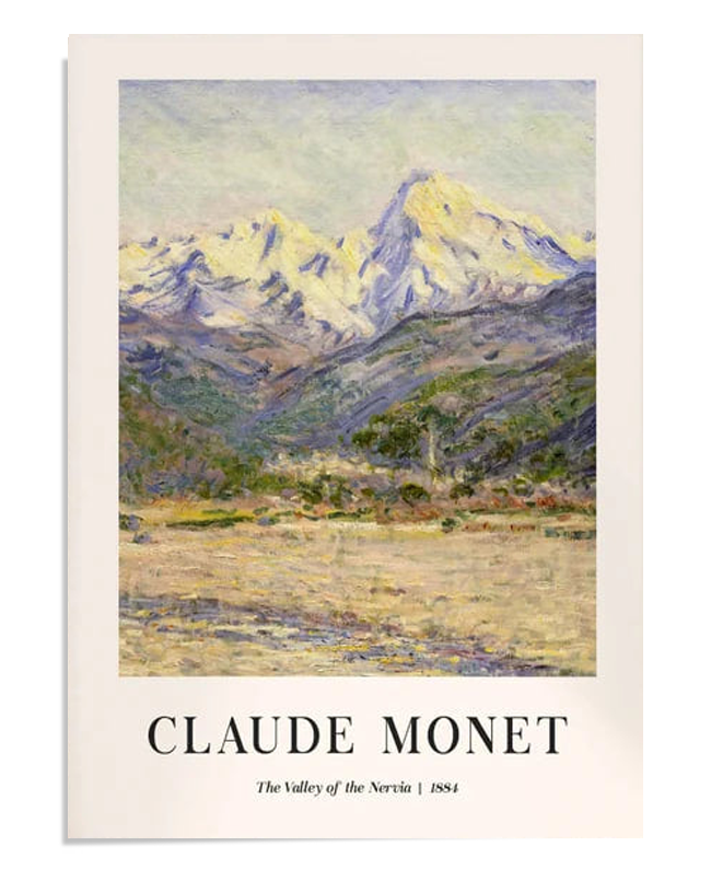 A majestic view of snow-capped mountains overlooking a green valley. The soft purple and white hues of the peaks contrast beautifully with the natural greenery below, creating a peaceful and grand landscape.