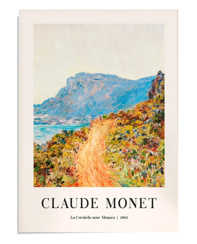 A colorful landscape showing a vibrant path leading through a rocky, floral hillside. The blue mountains and sea in the background contrast with the bright orange and red hues of the path, creating a lively and inviting scene.