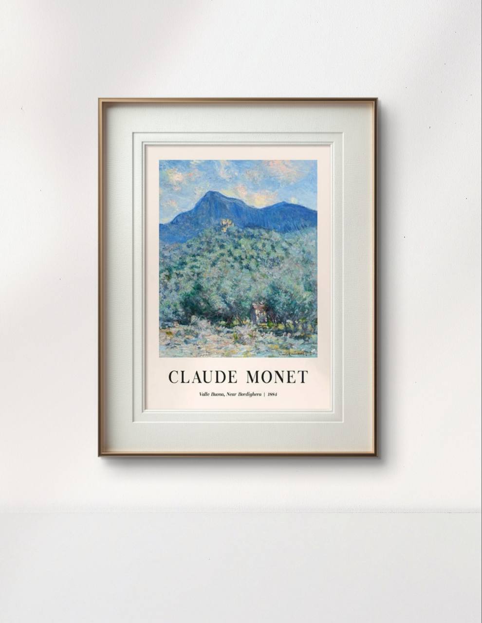 This framed version of the Valle Buona landscape is encased in a minimalist wooden frame, offering a calm and refreshing view of nature. The vibrant blues and greens create a peaceful ambiance within the room.