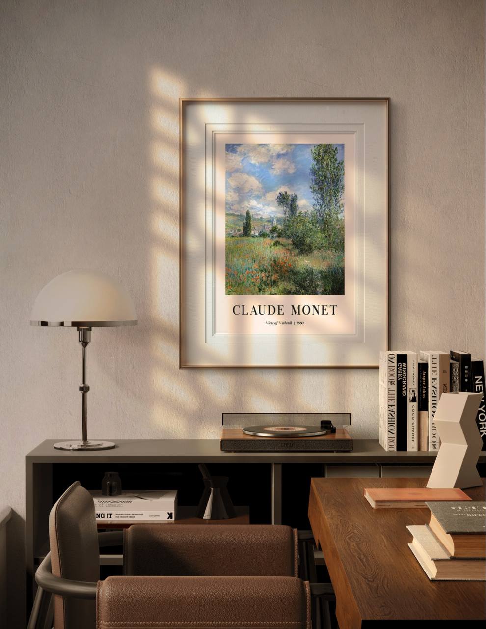 The framed poster of the vibrant Vétheuil field, surrounded by a wooden frame, adding a serene natural beauty to a well-lit room.