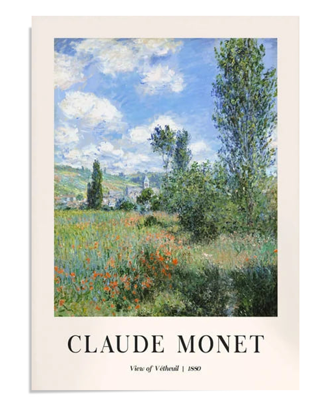 A bright landscape of a field near Vétheuil, 1880, with blooming flowers and tall trees leading toward a distant village under a blue sky filled with fluffy clouds.