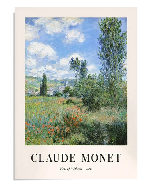 A bright landscape of a field near Vétheuil, 1880, with blooming flowers and tall trees leading toward a distant village under a blue sky filled with fluffy clouds.