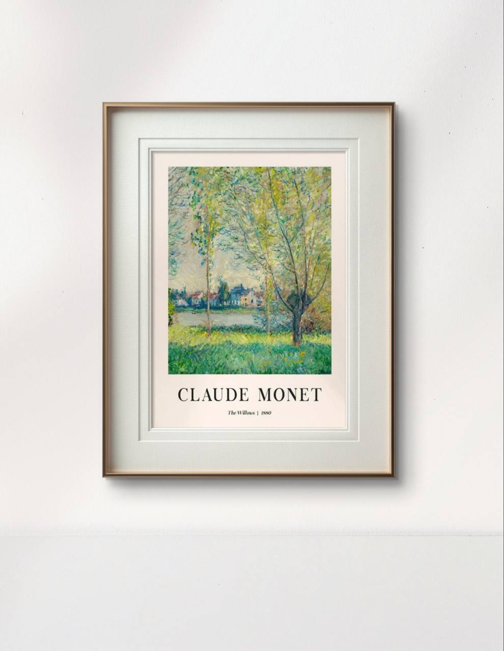 The framed painting, set in a classic wooden frame, features a tranquil riverside scene surrounded by willows. The vibrant greens and gentle scene add a natural charm to the interior setting.
