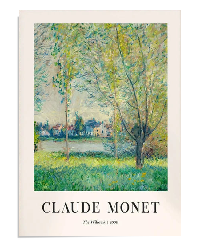 A peaceful scene of lush green willows by the river, with houses and a quiet village in the background. The bright greenery and soft lighting evoke a calm, serene atmosphere, with Monet’s brushstrokes bringing life to the landscape.