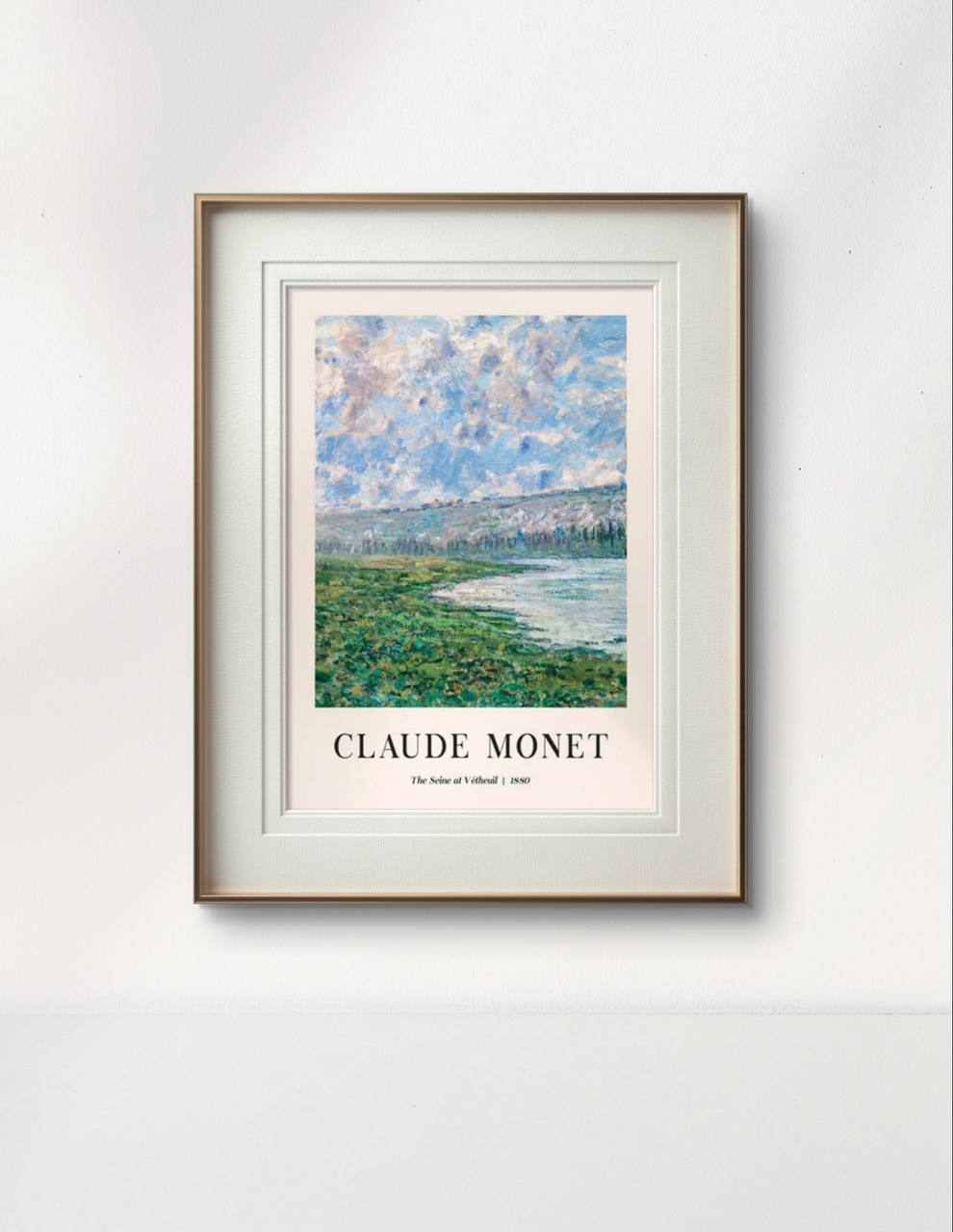 The framed artwork captures Monet's serene river scene with its lush vegetation and dramatic skies. The simple frame adds elegance, enhancing the natural beauty of the painting.
