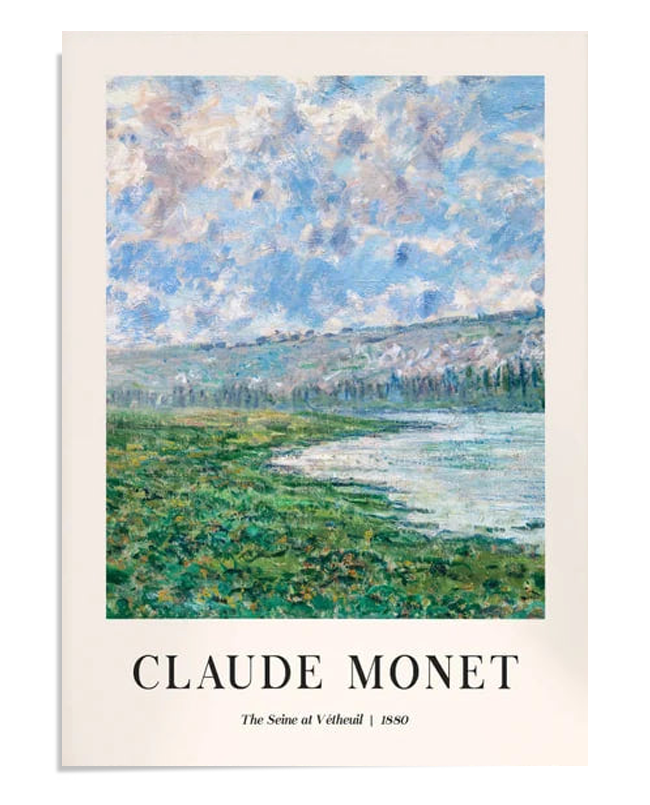 A Claude Monet poster showcasing a vibrant landscape along the Seine at Vétheuil. The vivid green foreground contrasts with a soft, blue sky full of dynamic clouds, typical of Monet's impressionistic style.