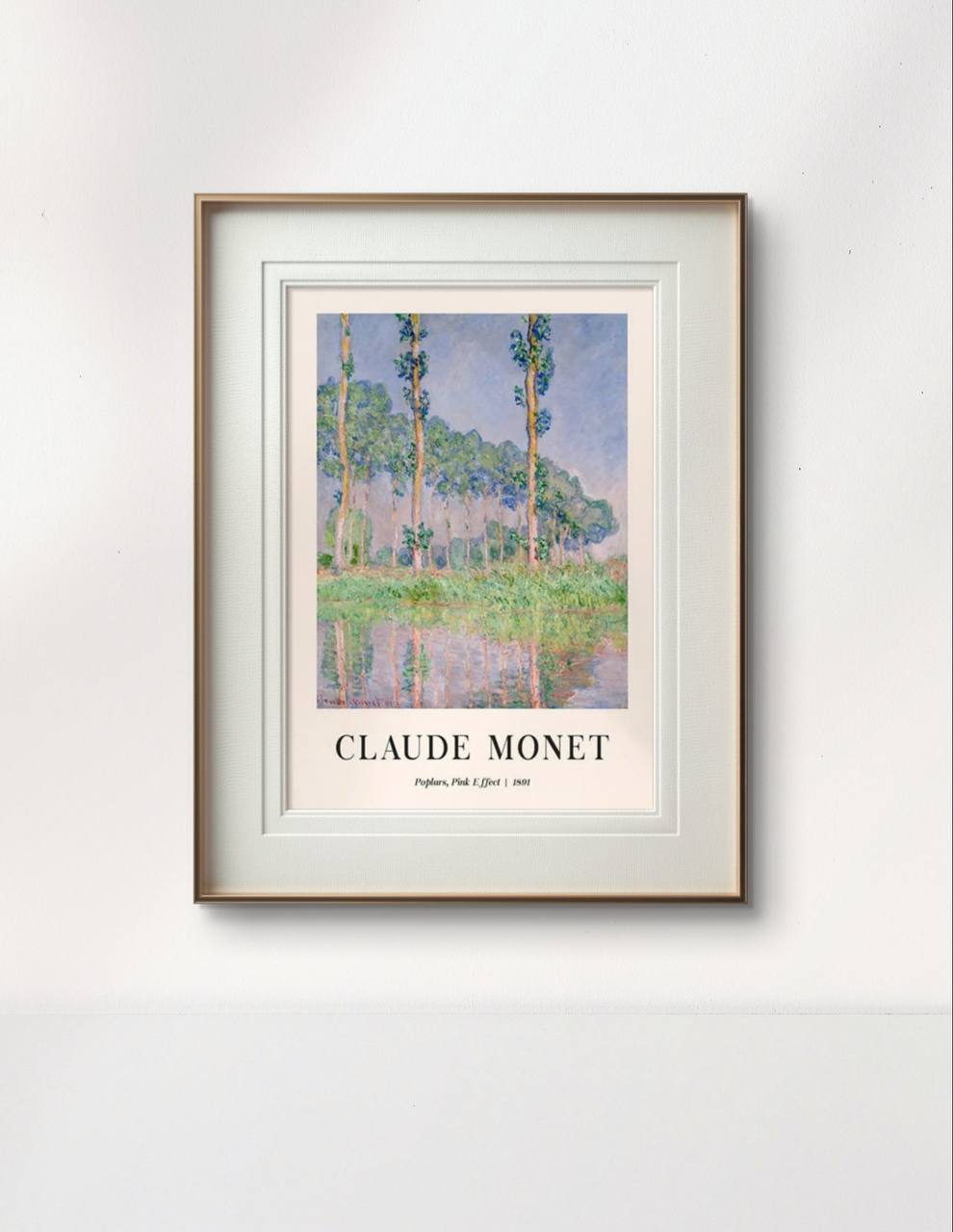 The framed "Poplars, Pink Effect" painting by Monet is displayed on a white wall. The pastel hues and vertical lines of the poplar trees create a tranquil and elegant ambiance.