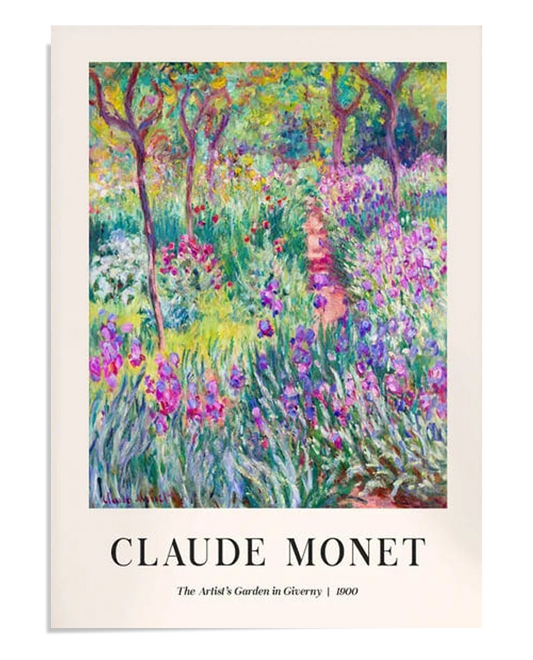 Claude Monet's "The Artist's Garden in Giverny" features a vibrant garden with blooming flowers in shades of purple, pink, and yellow, framed by tree branches and a meandering path. The title reads "Claude Monet – The Artist's Garden in Giverny | 1900.