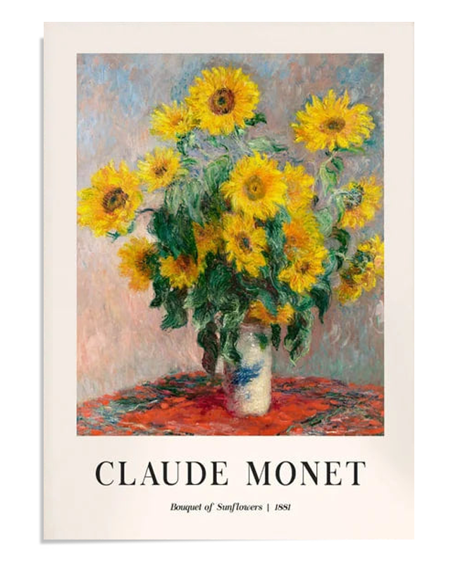 Claude Monet's "Bouquet of Sunflowers" features a vibrant arrangement of bright yellow sunflowers in a vase against a soft, pastel background. The title reads "Claude Monet – Bouquet of Sunflowers | 1881