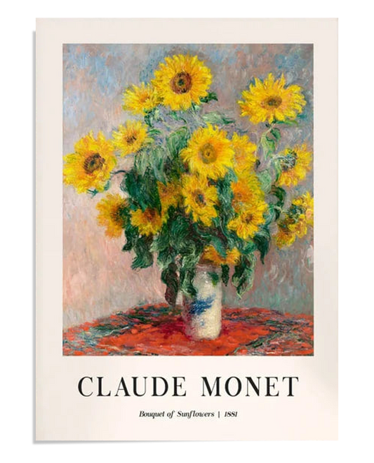 Claude Monet's "Bouquet of Sunflowers" features a vibrant arrangement of bright yellow sunflowers in a vase against a soft, pastel background. The title reads "Claude Monet – Bouquet of Sunflowers | 1881