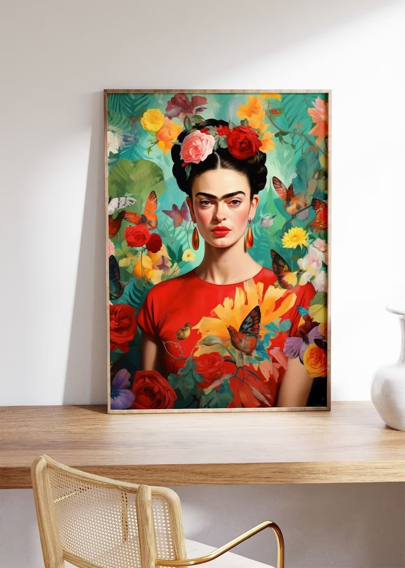 Frida Kahlo Print, Flower paint, Feminist Wall Art, Frida print |HIGH QUALITY POSTER| Red Boho Home Decor, Flower print, Large size