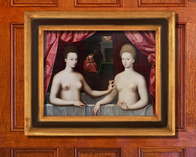 Gabrielle d'Estrées and her sister the Duchesse de Villars, School of Fontainebleau 1594. Home Decor Wall Art Poster
