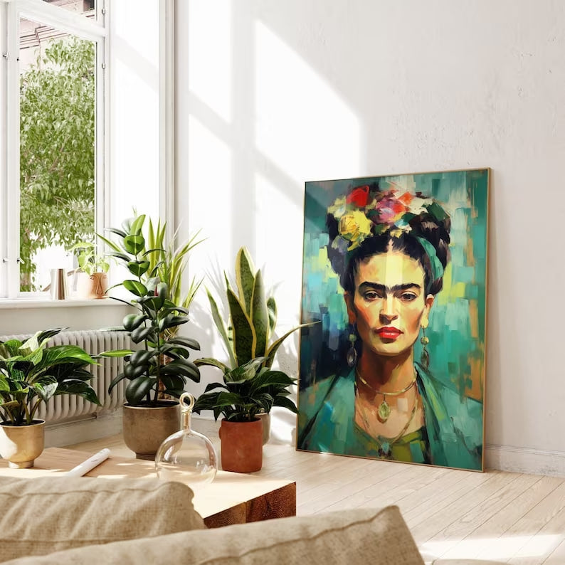 Frida Kahlo in Teal – Vibrant Modern Artistic Portrait