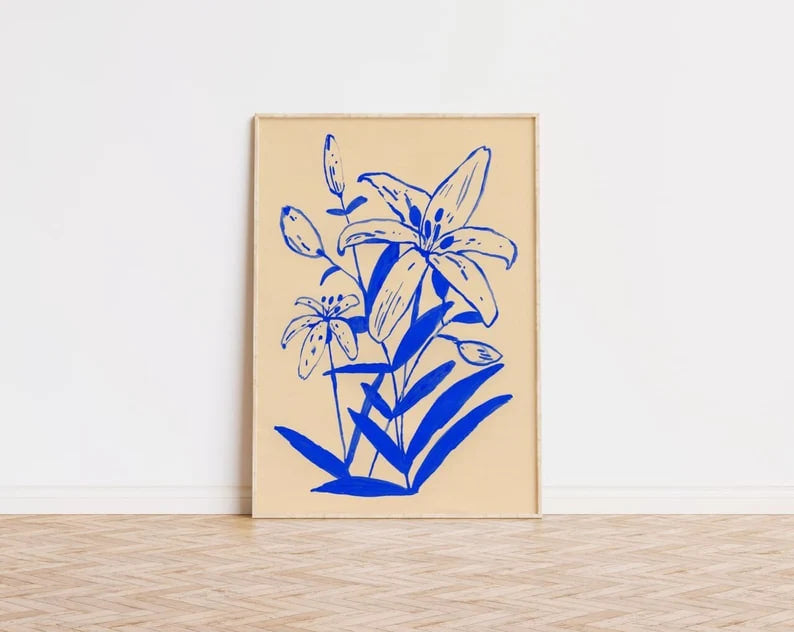 Indigo Blue Lilies Painting, Contemporary style, Blue tones Artwork, Modern Wall Decor, Botanical, Aesthetic Wall Art, HIGH QUALITY PRINT