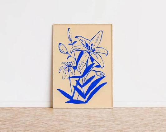 Indigo Blue Lilies Painting, Contemporary style, Blue tones Artwork, Modern Wall Decor, Botanical, Aesthetic Wall Art, HIGH QUALITY PRINT