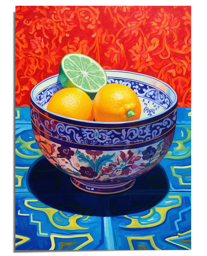 A highly detailed painting of a ceramic bowl with intricate blue floral patterns, placed on a reflective blue and yellow patterned table. Inside the bowl are two bright oranges and a freshly cut lime, its green interior contrasting with the warm hues. The background is a vivid red with ornate golden floral designs, adding richness and depth.