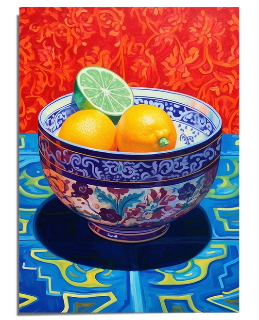A highly detailed painting of a ceramic bowl with intricate blue floral patterns, placed on a reflective blue and yellow patterned table. Inside the bowl are two bright oranges and a freshly cut lime, its green interior contrasting with the warm hues. The background is a vivid red with ornate golden floral designs, adding richness and depth.