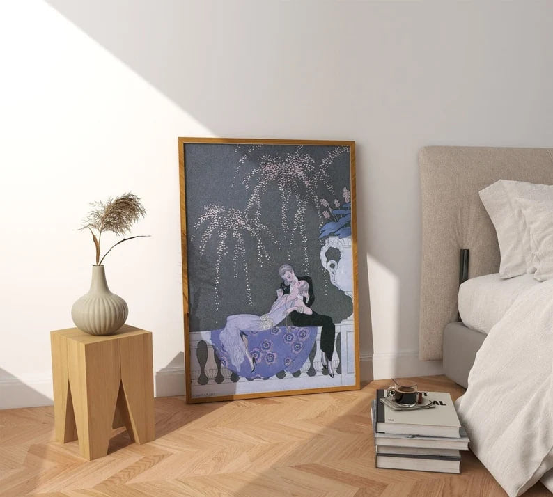 Lesbian Elegance Poster, Barbier Ilustration, Vintage LGBTQ+, Romantic Painting, Luxurious Evening Print, Lesbian Wall Art, Exotic Decor