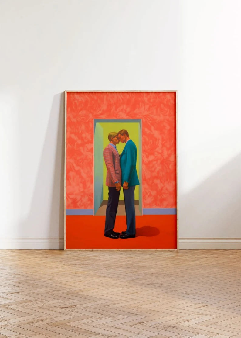 Minimalist Gay Love Poster, Red Tones painting, Same-Sex Couple Poster, LGBTQ+ Minimal Art, Romantic Wall Decor, Gay Home decor, Red Print