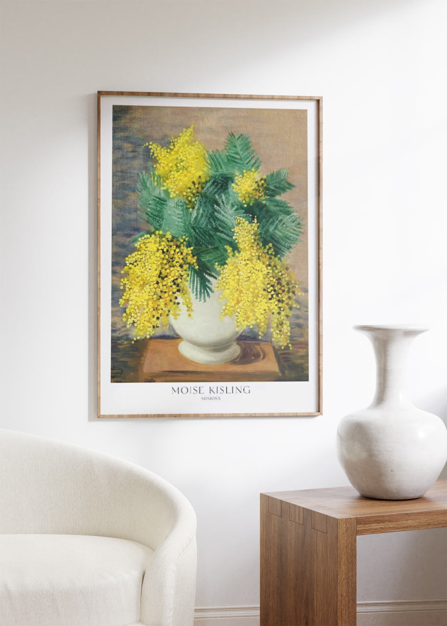 In this "Mimosa" poster by Moise Kisling, the bright yellow flowers and lush green foliage create a striking contrast against the muted background. This art print is perfect for adding a vibrant, natural touch to any room, enhancing your home decor with its elegant simplicity. An excellent choice for those looking to buy a floral art reproduction to brighten up their space.