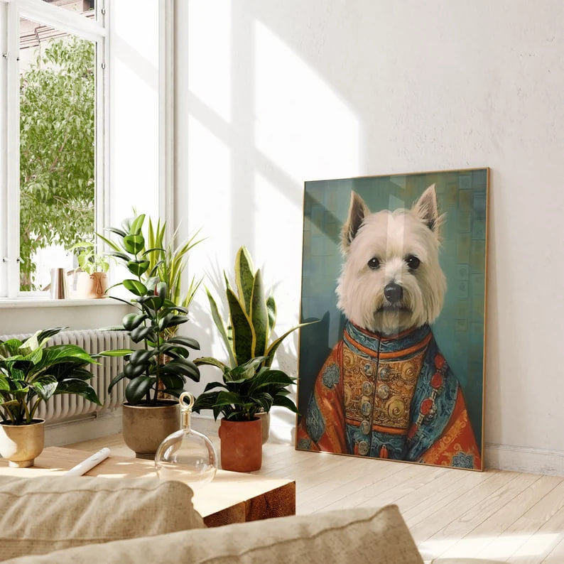 Wall art, Vintage Poste, poster, housewarming gift, Gifts for sister, Gifts for mom, Gifts for girls, Gifts for friends, Highland Terrier, Dog With Clothes, Dog Artwork, White Terrier Dog