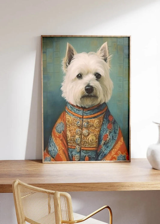 Highland White Terrier Portrait with clothes, Terrier Vintage Painting, Funny art, White Terrier Art, White Terrier Poster, Terrier Gift