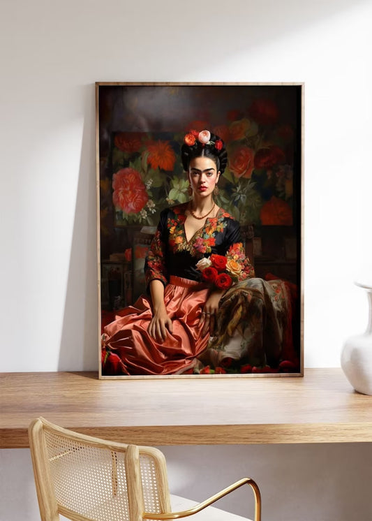 Red Frida Kahlo Poster, Vintage Wall Decor, Flower Print, Feminist Wall Art, HIGH QUALITY POSTER, Boho Home Decor, Frida self portrait
