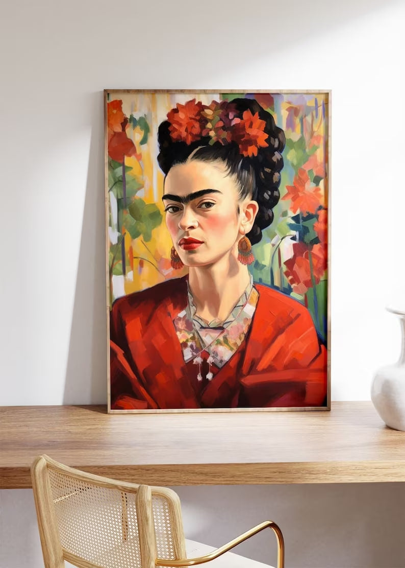 Red Frida print, Frida Kahlo painting, Frida Portrait Poster, Colorful Mexican Art, Bohemian Wall Decor, Frida Feminist Icon, Mexican Art