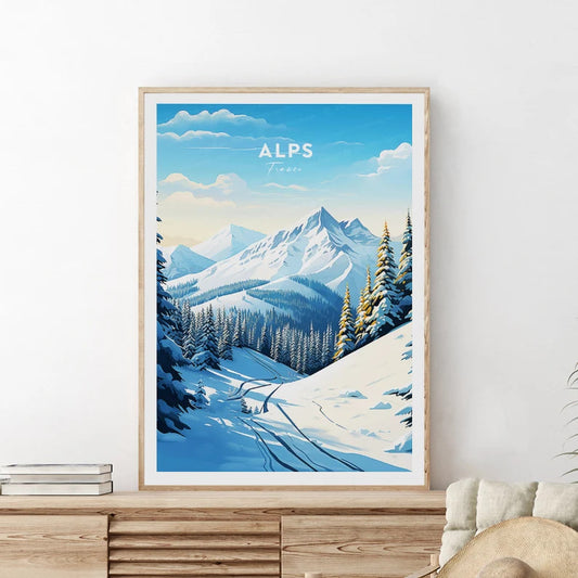 The Alps traditional travel print - France - Alps, Ski resort, Alps poster, Custom Text, Personalised Alps artwork