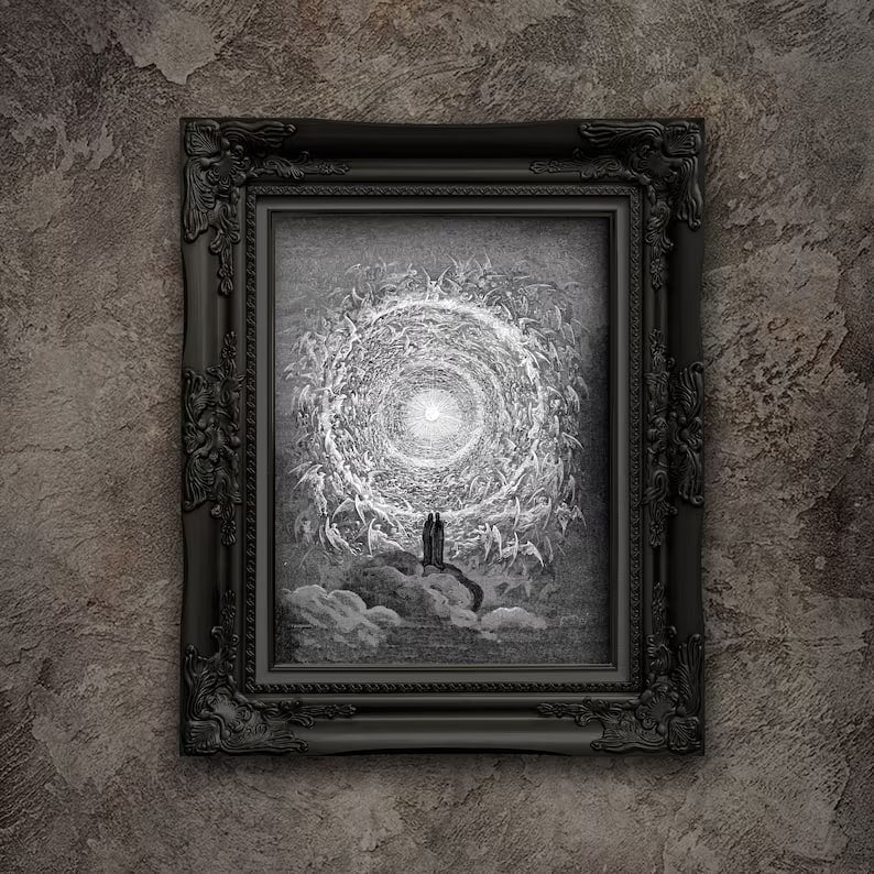 This framed poster showcases Gustave Doré's "The White Rose," a mesmerizing depiction of celestial beings spiraling towards a divine light. The intricate details and ethereal imagery evoke a sense of mysticism, making it an ideal piece for those interested in Wicca art or witchcraft-inspired decor. Perfect for adding a touch of the supernatural to any space, this print enhances your home with both elegance and mystery.