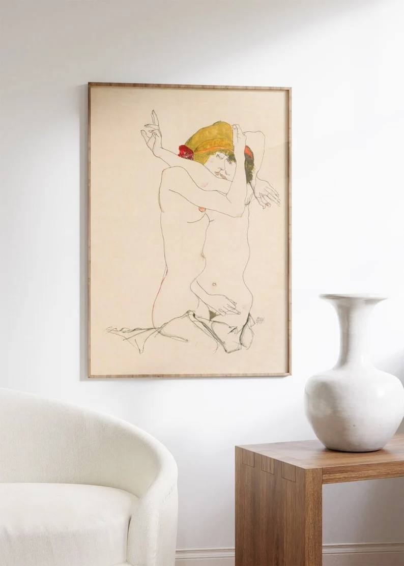 vintage poster, Minimalist decoration, beige poster, gallery wall, famous art, egon schiele poster, Egon schiele woman, rare egon schiele, lesbian art, Old lesbians