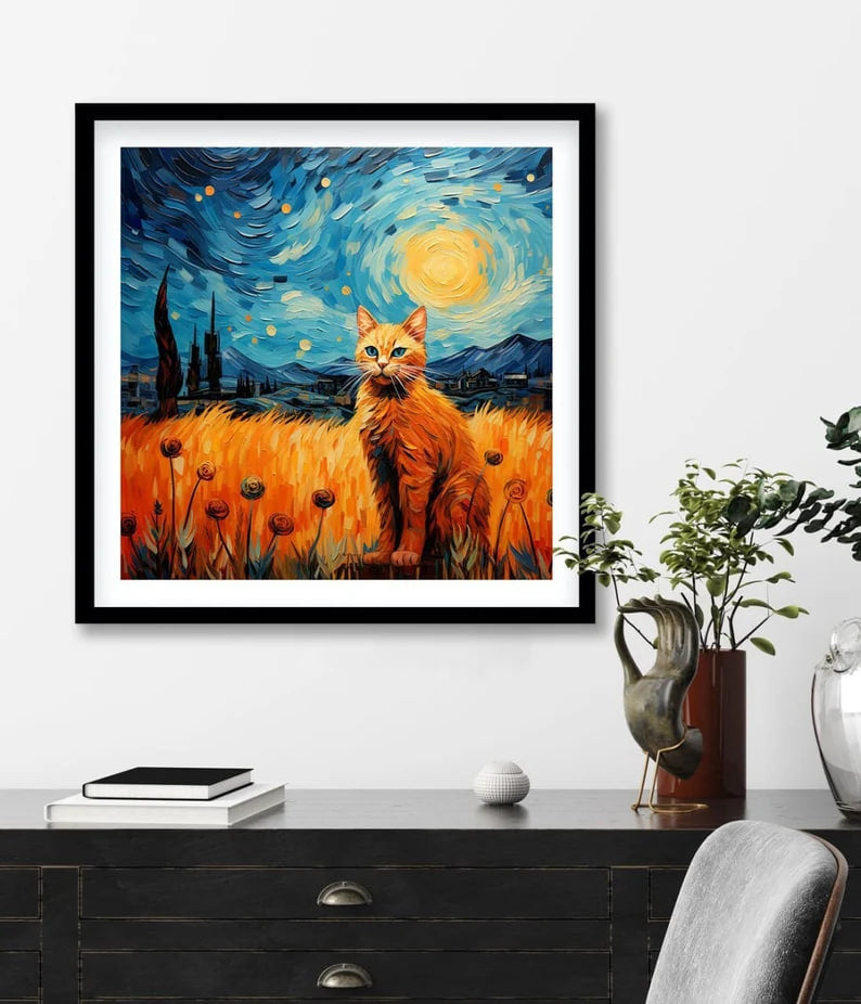 Van Gogh Art with a Cat - Cat in Famous Painting, Funny Art, Cat Painitng, Van Gogh Poster, Housewarming gift, HIGH QUALITY Large size