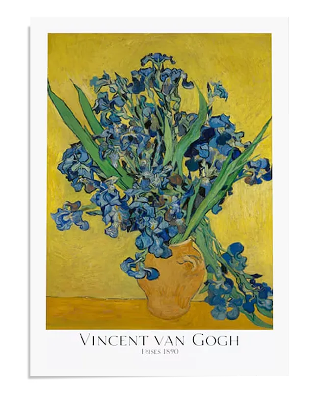 A bouquet of irises in shades of deep blue and violet with long green stems and leaves, arranged in a textured, golden-brown ceramic vase. The flowers appear lively, with swirling brushstrokes adding movement. The background is a rich golden yellow, contrasting with the cool tones of the irises. The artwork is framed with a white border, featuring the text "Vincent van Gogh – Irises 1890" at the bottom.
