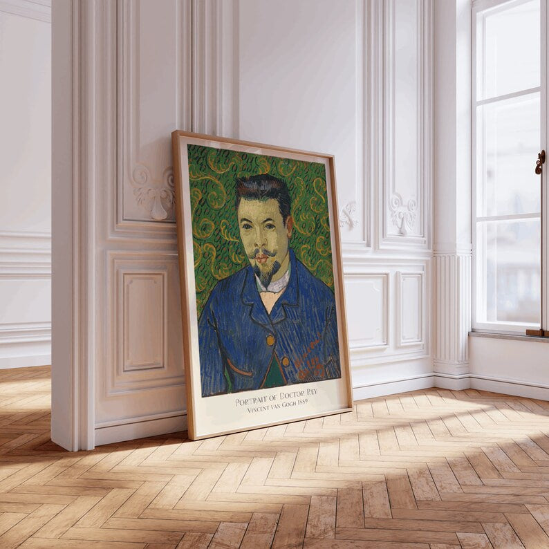 This Van Gogh Poster of "Portrait of Doctor Rey" poster captures the vibrant colors and expressive brushwork typical of the artist. The bold green background contrasts with the doctor's blue jacket, making it a striking piece of wall art. Perfect for adding character to any room, this Van Gogh reproduction enhances your home decor and serves as a thoughtful gift for art lovers.