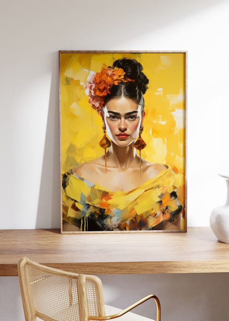 Yellow Frida Poster, Vibrant Color, Botanical Frida Kahlo Painitng, Frida Wall Decor, Feminist Icon Print, Large size HIGH QUALITY POSTER