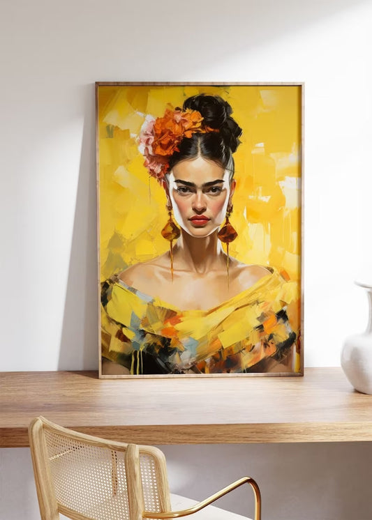 Yellow Frida Poster, Vibrant Color, Botanical Frida Kahlo Painitng, Frida Wall Decor, Feminist Icon Print, Large size HIGH QUALITY POSTER