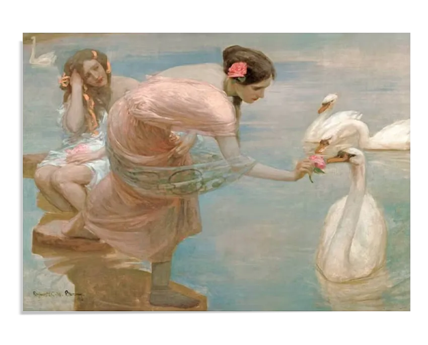 An Impressionist-style painting featuring two elegantly dressed women by a tranquil lakeside. One woman, in a flowing pink gown, leans forward to offer a flower to a white swan, while the other sits nearby, adjusting her hair. The soft pastel colors, delicate brushwork, and reflective water create a peaceful and dreamlike atmosphere.