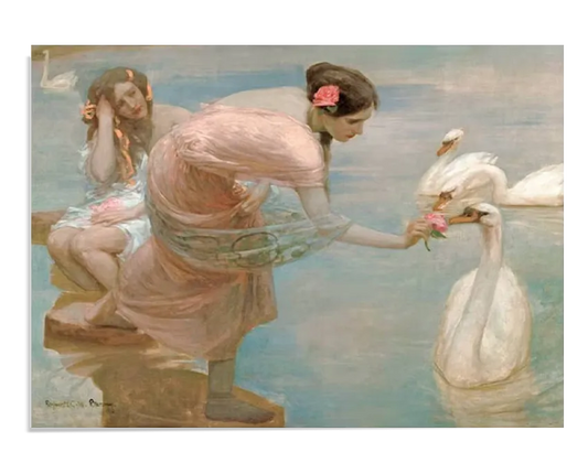 An Impressionist-style painting featuring two elegantly dressed women by a tranquil lakeside. One woman, in a flowing pink gown, leans forward to offer a flower to a white swan, while the other sits nearby, adjusting her hair. The soft pastel colors, delicate brushwork, and reflective water create a peaceful and dreamlike atmosphere.