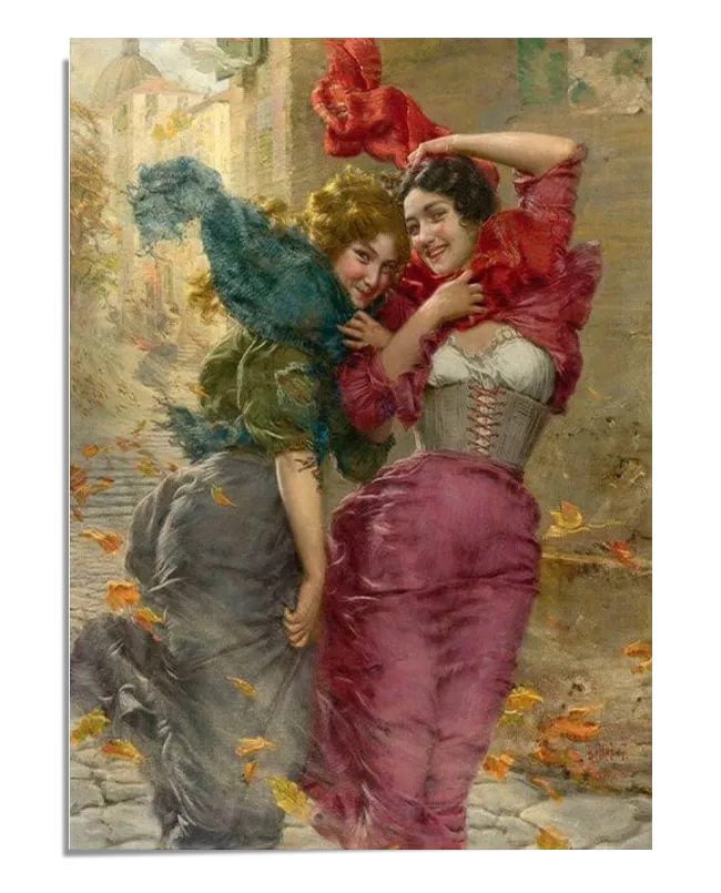 A classical painting depicting two elegantly dressed women on a windy cobblestone street. They laugh as their scarves and skirts lift in the breeze, surrounded by swirling autumn leaves. The rich colors and dynamic composition give the scene a lively and joyful atmosphere.