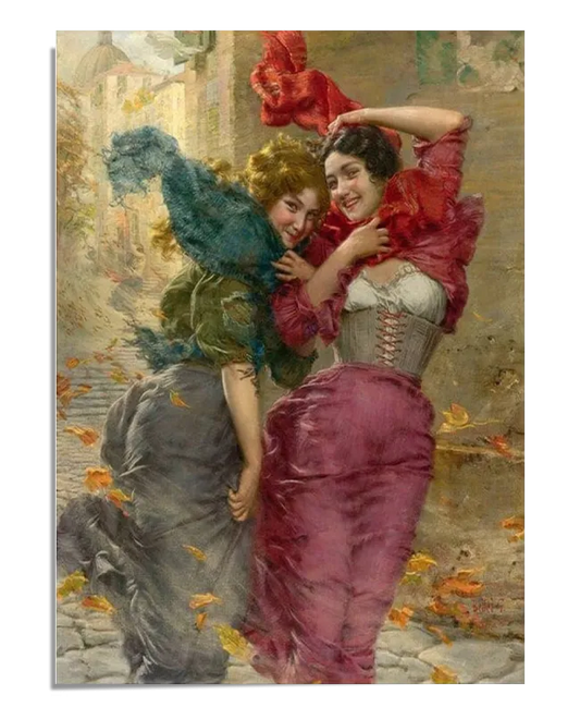 A classical painting depicting two elegantly dressed women on a windy cobblestone street. They laugh as their scarves and skirts lift in the breeze, surrounded by swirling autumn leaves. The rich colors and dynamic composition give the scene a lively and joyful atmosphere.
