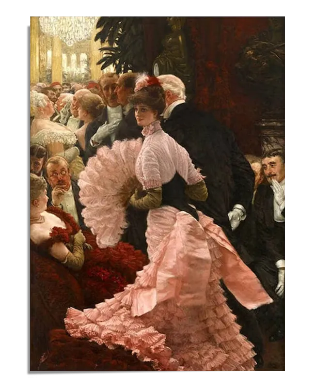 A Victorian-era oil painting depicting a lavish ballroom scene. A woman in a pink ruffled gown with a matching feathered hat and gloves holds a delicate fan while standing gracefully among an elegantly dressed crowd. The background features chandeliers, ornate decor, and finely dressed guests engaged in conversation. The artwork showcases rich textures and a warm, atmospheric light.