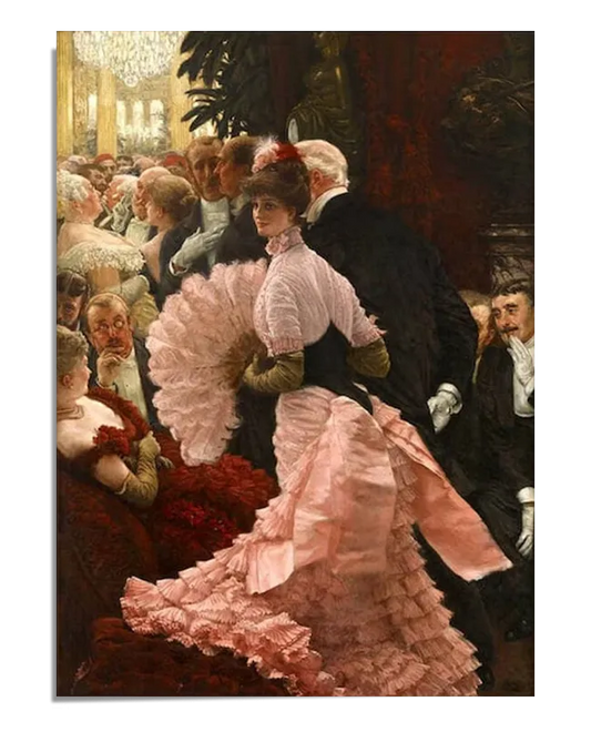 A Victorian-era oil painting depicting a lavish ballroom scene. A woman in a pink ruffled gown with a matching feathered hat and gloves holds a delicate fan while standing gracefully among an elegantly dressed crowd. The background features chandeliers, ornate decor, and finely dressed guests engaged in conversation. The artwork showcases rich textures and a warm, atmospheric light.