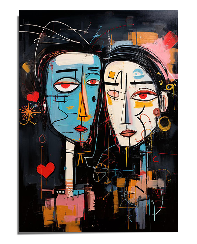 A modern abstract art print featuring two intertwined faces with bold geometric lines and vibrant colors. The deep background and expressive brushstrokes create a striking and emotional composition.