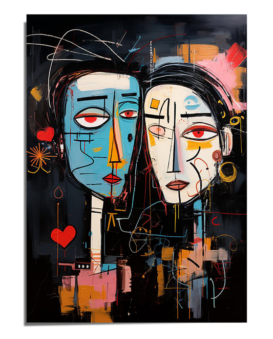 A modern abstract art print featuring two intertwined faces with bold geometric lines and vibrant colors. The deep background and expressive brushstrokes create a striking and emotional composition.