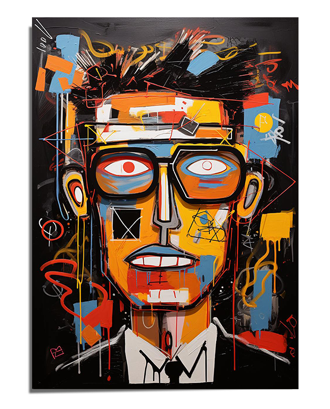 A contemporary abstract portrait print featuring a stylized face with bold geometric shapes, vivid colors, and expressive brushstrokes. The dark background and dynamic details create a striking modern aesthetic.