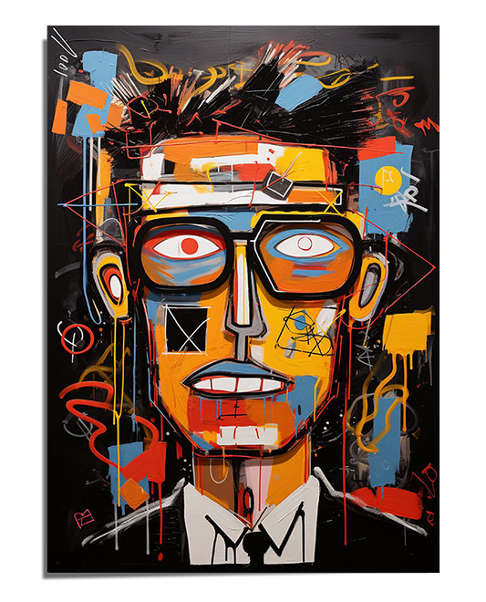 A contemporary abstract portrait print featuring a stylized face with bold geometric shapes, vivid colors, and expressive brushstrokes. The dark background and dynamic details create a striking modern aesthetic.