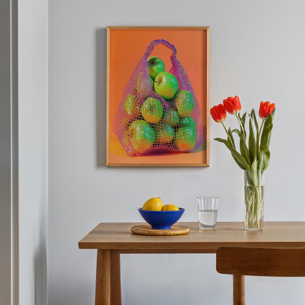 Framed artwork of a bag of apples on an orange background, displayed above a wooden table with a bowl, glass, and vase.