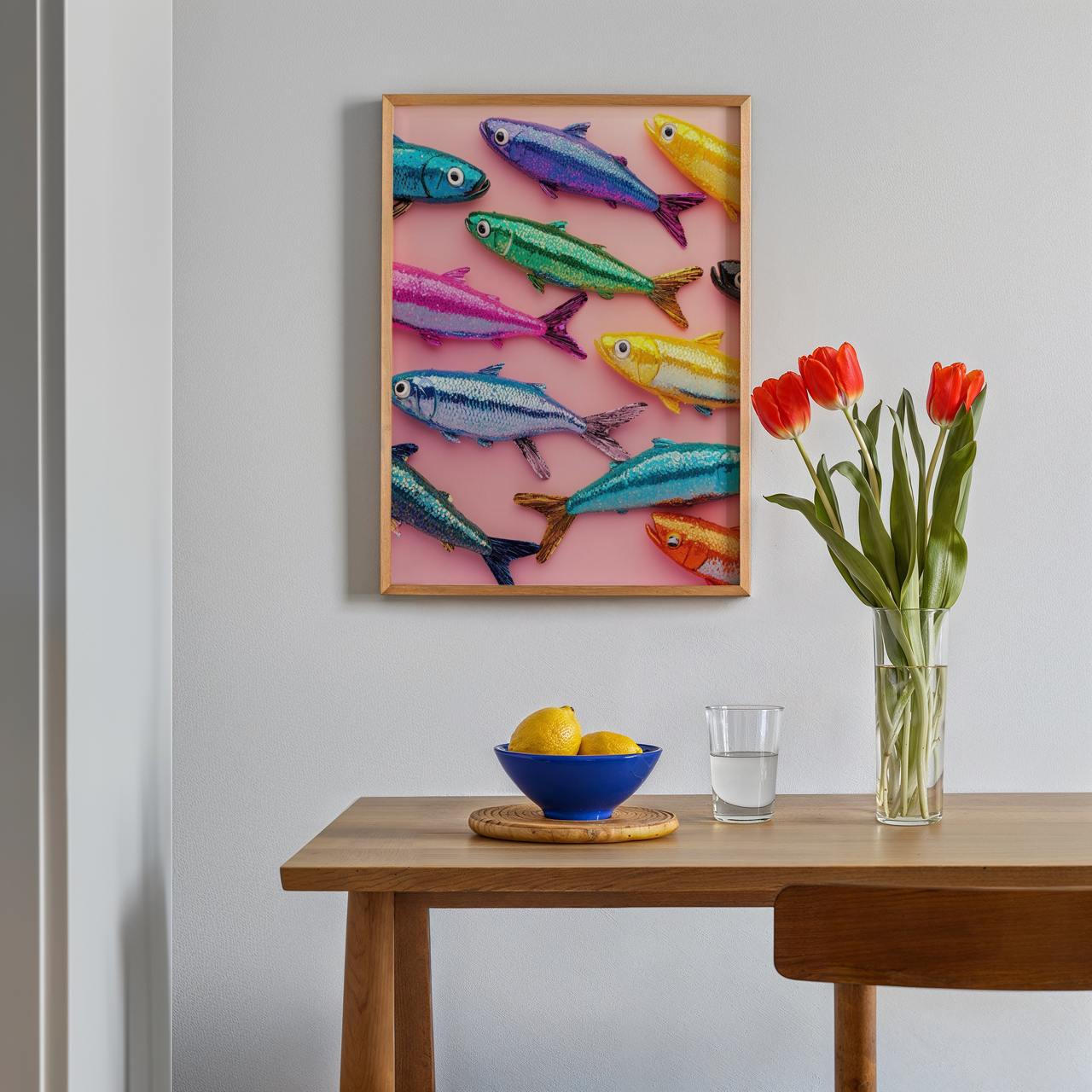 Colorful fish artwork on a wall above a wooden table with a bowl, glass, and vase of tulips.