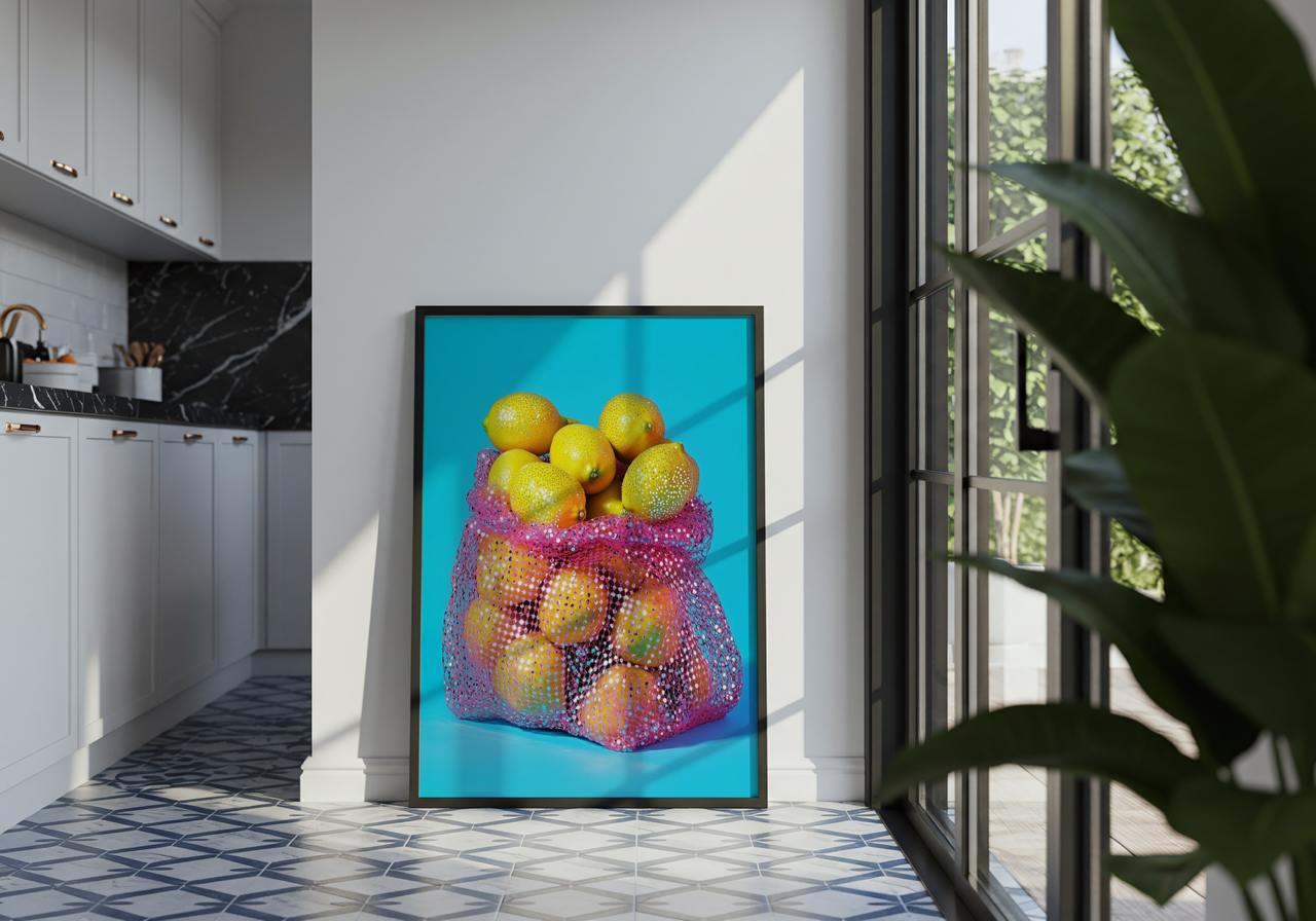 Framed artwork of a colorful bag of fruit in a modern kitchen.